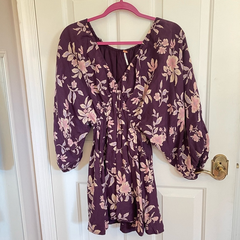 Free People Portia Purple Floral V-Neck Dress